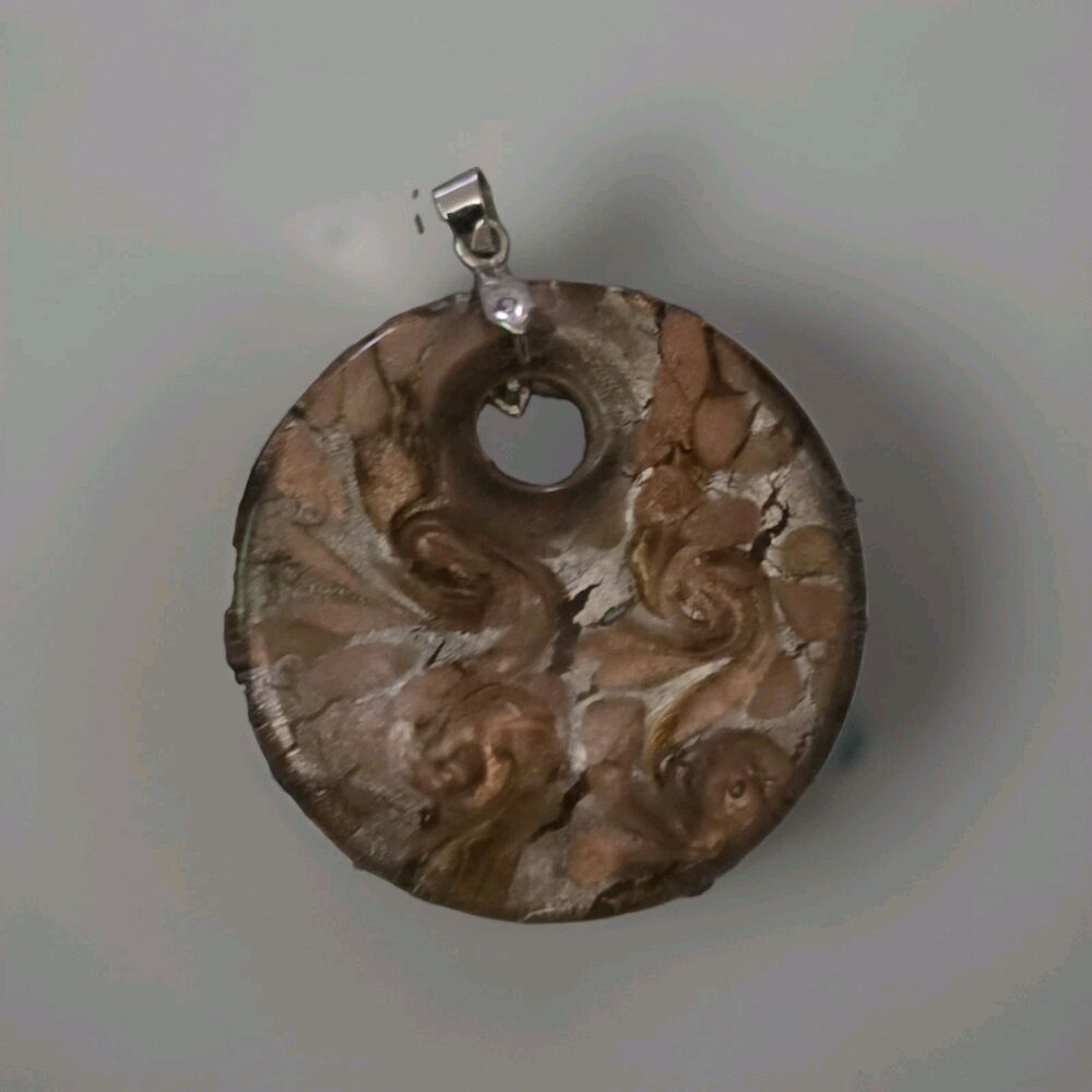 Vintage Murano Style Art Glass Donut Pendant Copper Gold Foil Swirl Pi Disc